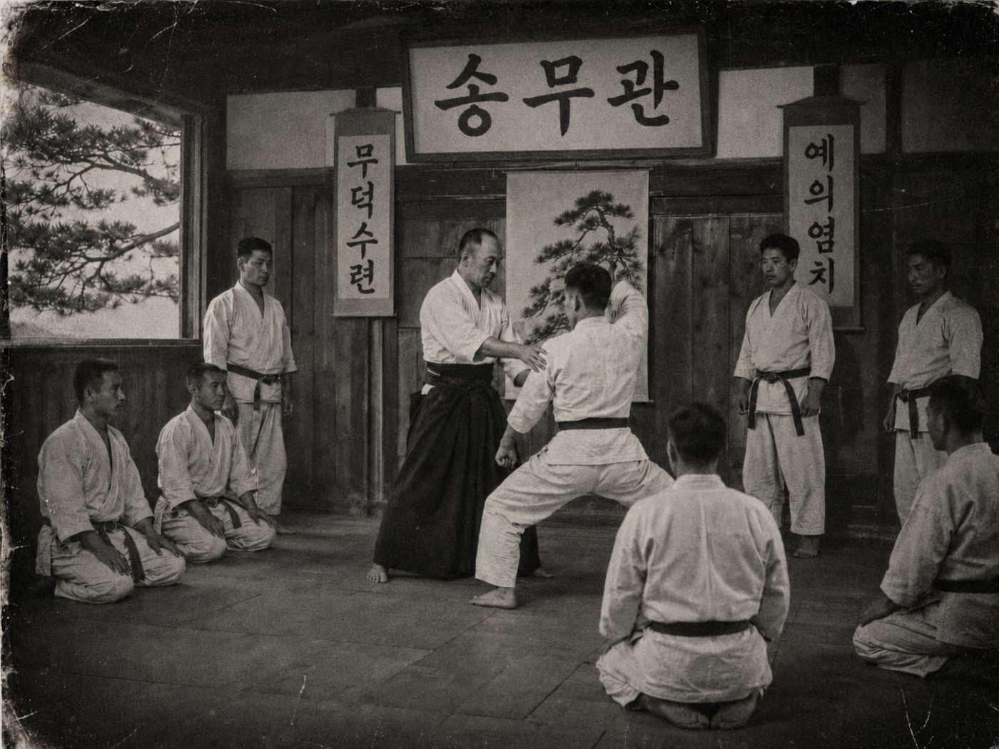 Historische Aufnahme eines Song-Mu-Kwan-Dojang: ein Meister zeigt eine Technik, Schüler knien im Halbkreis, an der Wand die Schriftzeichen für Song Mu Kwan, martialische Tugend und Höflichkeit.